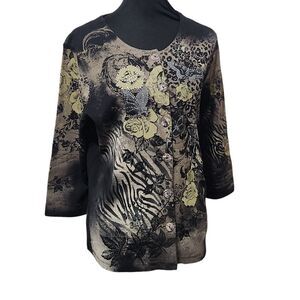 Cactus Floral Shirt Womens Large Button Front Top Rhinestone Brown Black Green